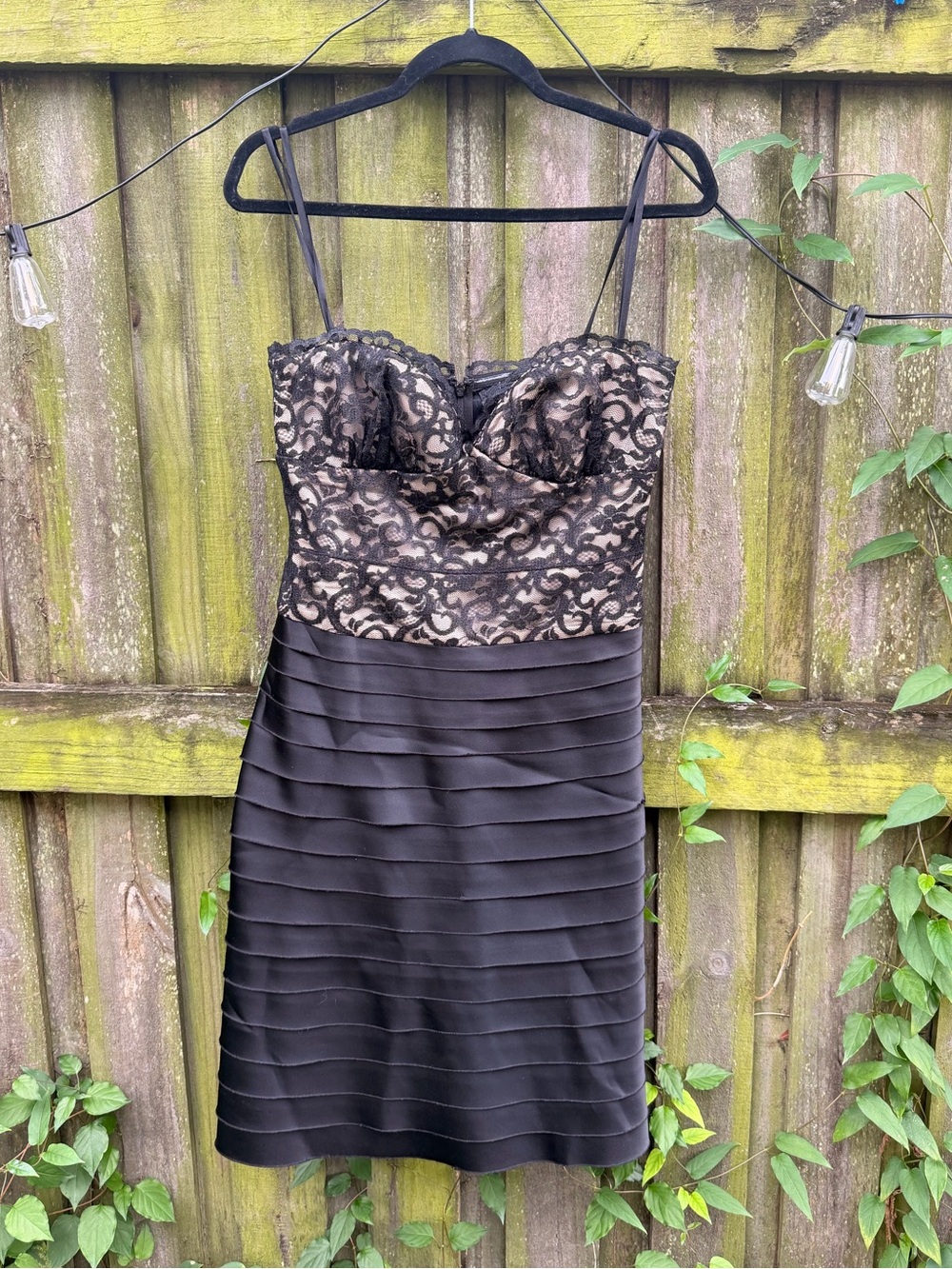 BCBGMaxAzria Black Lace Bustier Mini Dress with Nude Underlay